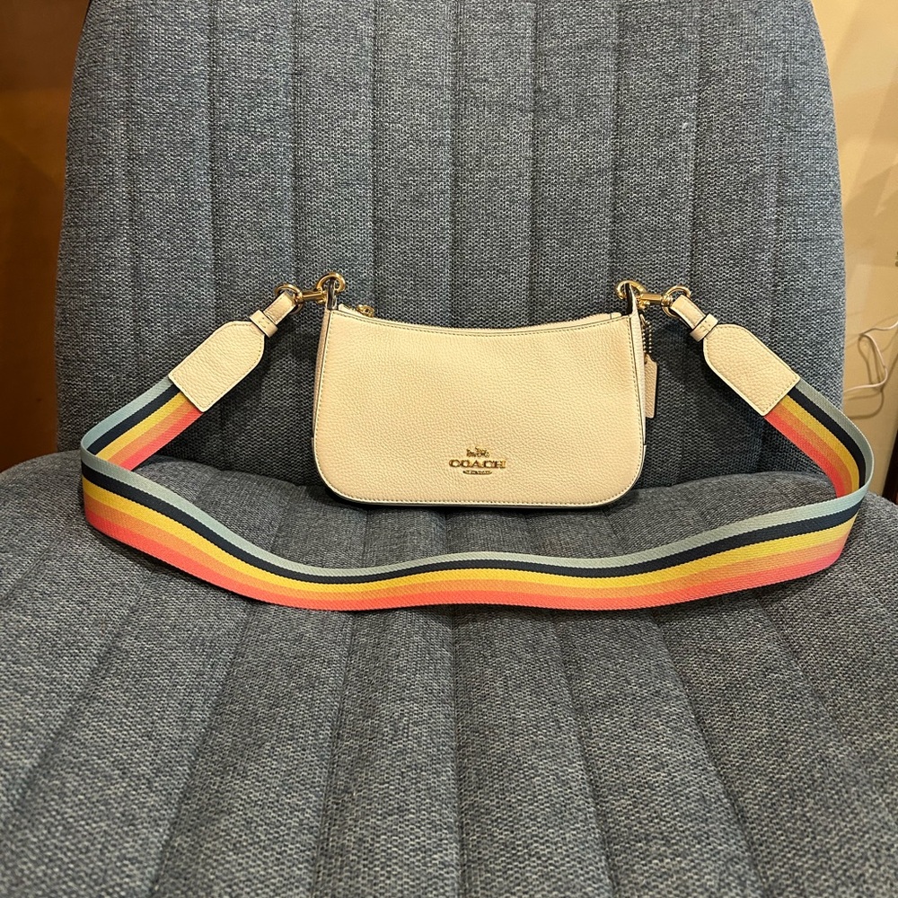 Coach Cream Crossbody Jes Baguette Bag with Gold Hardware, Pastel Rainbow Strap